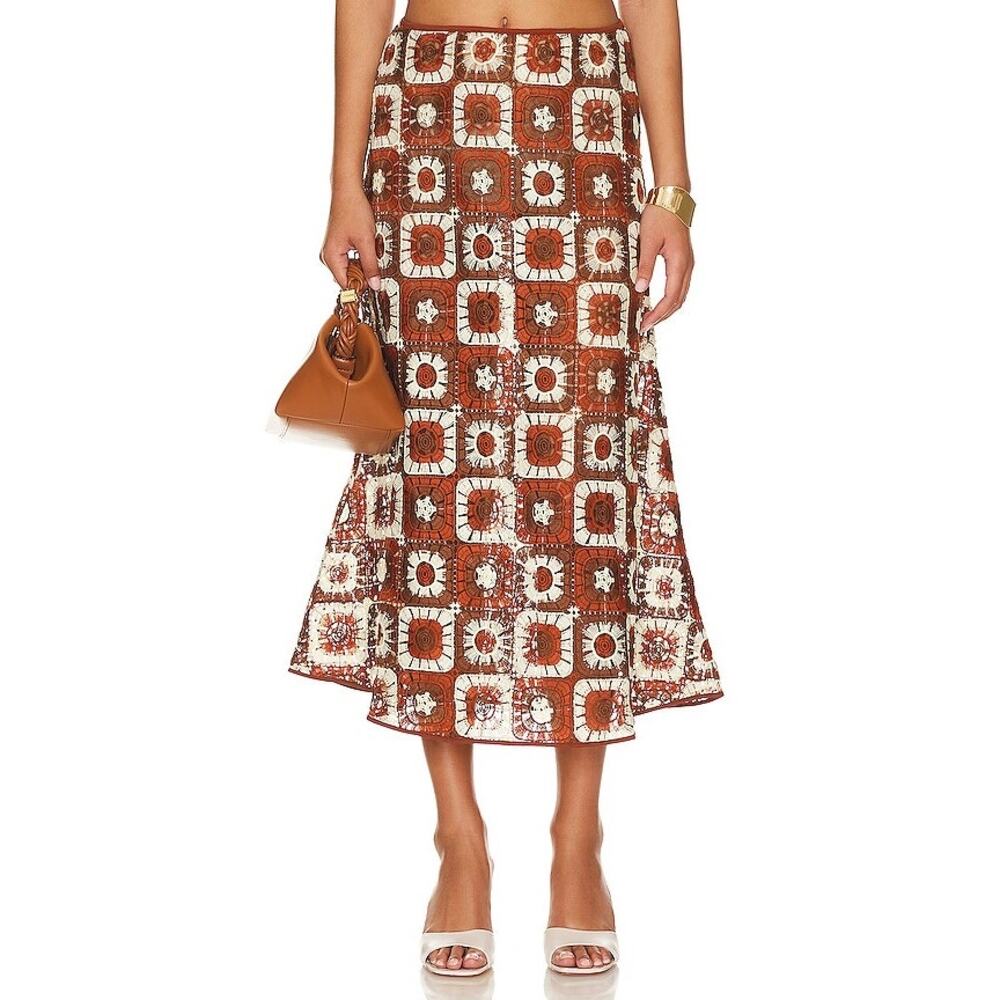 Johanna Ortiz Spice Island Midi Skirt in Mocha & Ecru